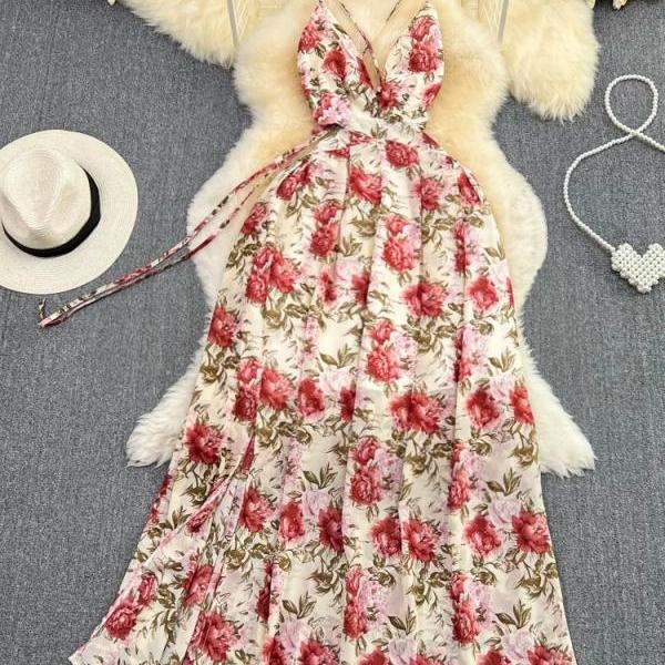 Seaside holiday chiffon floral holiday dress, backless hollow binding high waist slit long dress