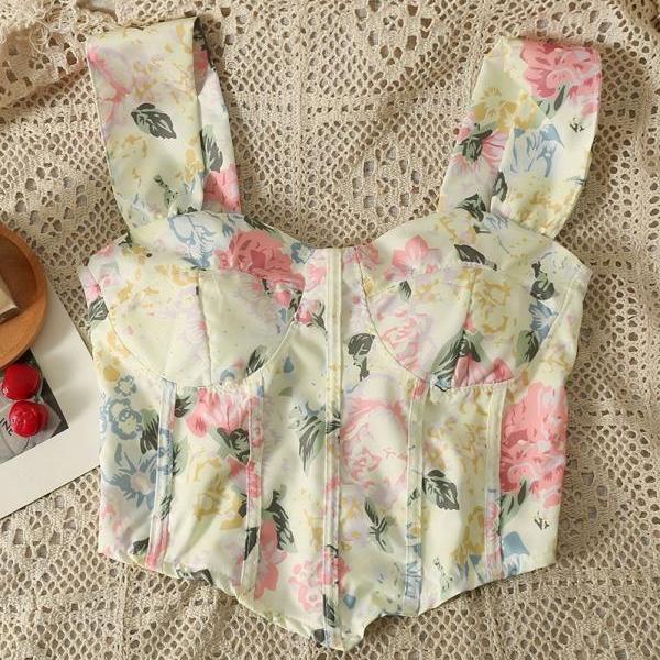 Floral camisole, sweet and spicy fishbone hot girl short slim fit inner top