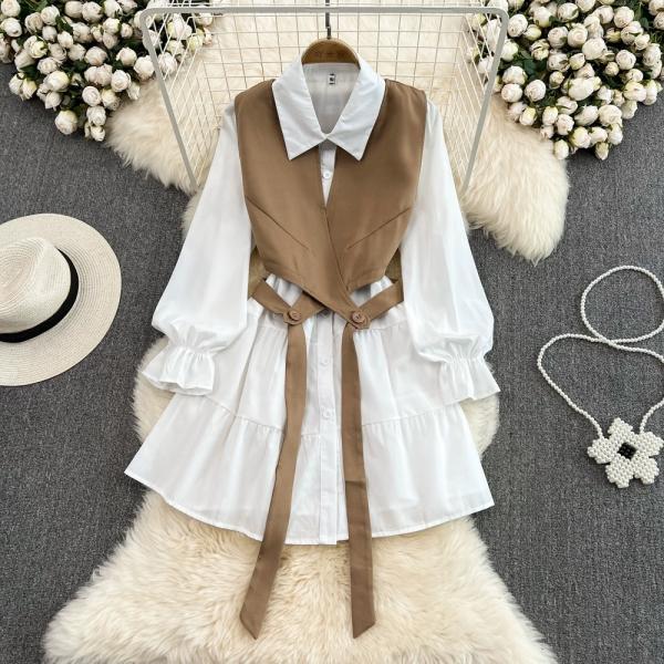 College style single-breasted shirt dress, French retro vest, two-piece set