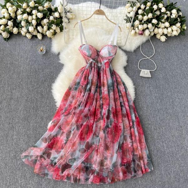 Floral holiday dress, sexy waist-cinching mid-length suspender dress