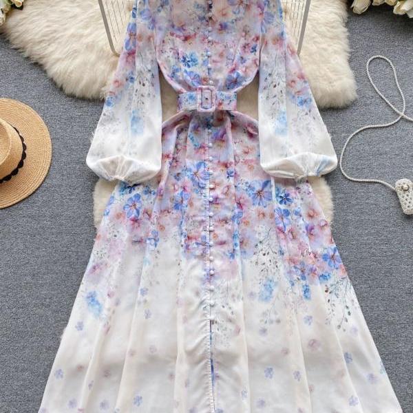 Puff sleeve dress, elegant stand collar buttoned slim long printed holiday dress