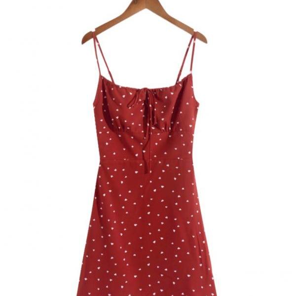 Retro, sweet and spicy girly heart pattern slim suspender dress, travel vacation backless dress 