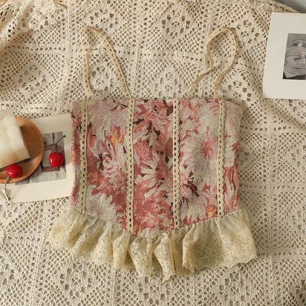 Vintage, oil painting style floral camisole tank top,, lace patchwork slim chic top