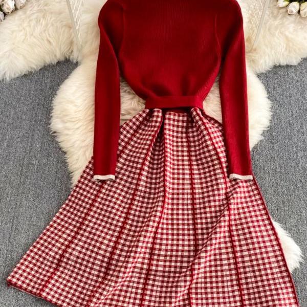 Retro, Temperament, Long sleeves, Half turtleneck, Plaid stitching, Waisted A-line knitted dress
