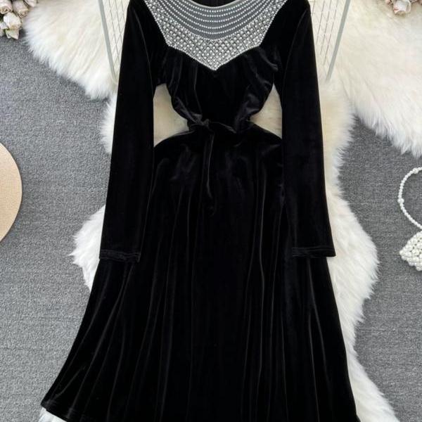 Elegant velvet long sleeve dress stylish black dress