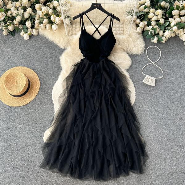 Sexy strap dress Black v neck tulle dress fashion dress