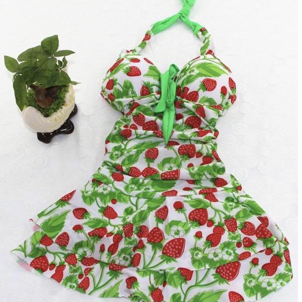 Women Strawberry Swim Dress, Vintage Strawberry Print Halter Swimsuit, Strawberry green one piece swimsuit