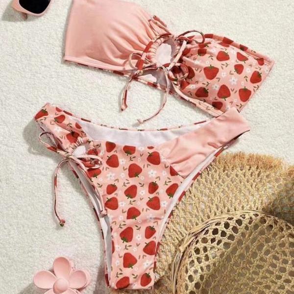 Women Strawberry Swim Dress, Print sexy pink holiday bikini, Strawberry two piece swimsuit