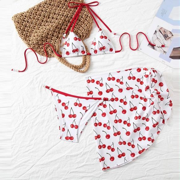Women Cherry Swim Dress, Cute Cherry Print Halter Swimsuit, Cherry swimwear,Cherry Bikini,Three Pieces