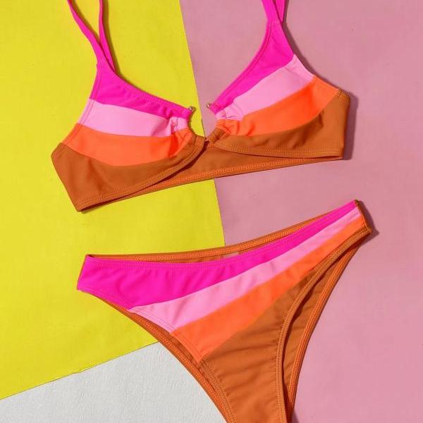 Womens Striped Two-Piece Swimsuit Bikini Set Colorful