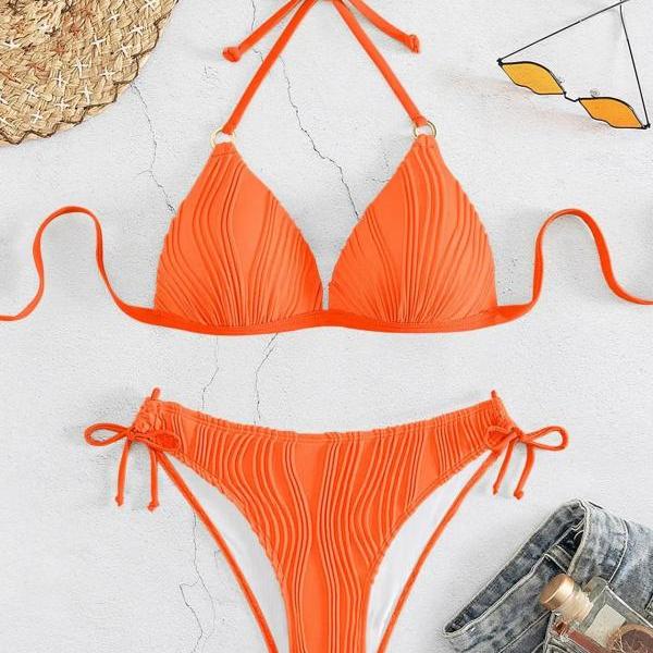Womens Orange Ribbed Tie-Front Bikini Two-Piece Swimsuit