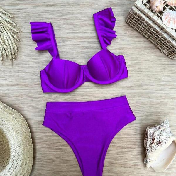 Womens Ruffled Purple Two-Piece Swimsuit Bikini Set