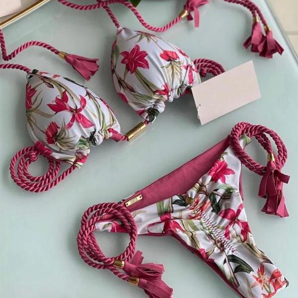 Womens Tropical Floral Print Bikini Set with Tassels