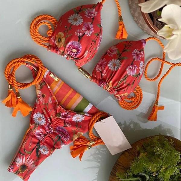 Floral Print Womens Bikini Set with Braided Ties