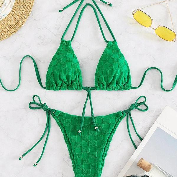 Womens Textured Green Bikini Set with Tie Closures