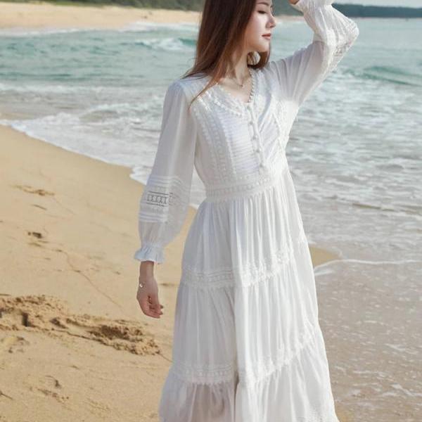 Bohemian White Long Sleeve Beach Maxi Dress on Luulla