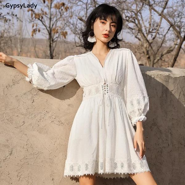 knee length dresses for ladies Long Sleeve Boho Flowy Wedding Dress Lace A-Line V-Neck Beach Gown wit main image 1