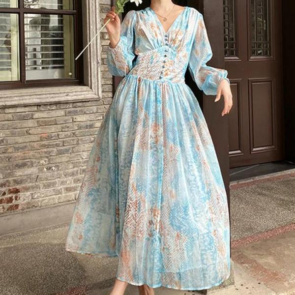 Elegant Floral Chiffon Long Sleeve Maxi Dress on Luulla