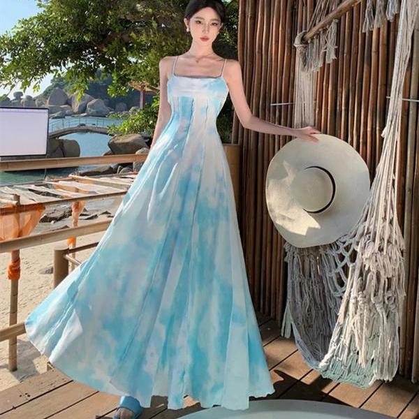 Elegant Blue Tie-dye Backless Maxi Dress on Luulla