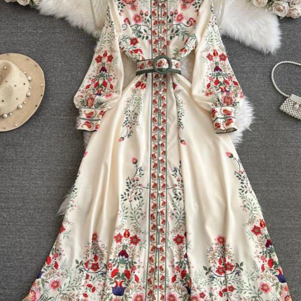 Retro palace style single-breasted lapel printed dress elegant a-line long skirt