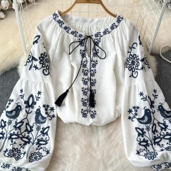 Chemisier Blanc Bohème J. Jill – Manches Bouffantes 3/4, Broderies, Taille S