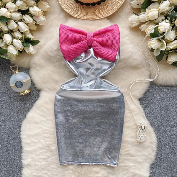 pink dress with silver bows WEDTREND Women Bodycon Silver Short Homecoming Dress Spaghetti Straps Cocktail Dress with Pink Bows, Pink / US22W