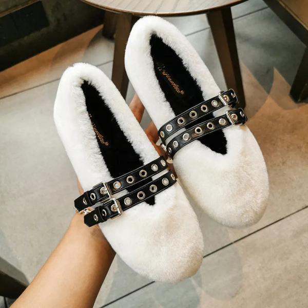 【Loulouseoul】24fw Buckle Fur Flat Shoes Cozy Furry Flats With Double Buckle Straps on Luulla