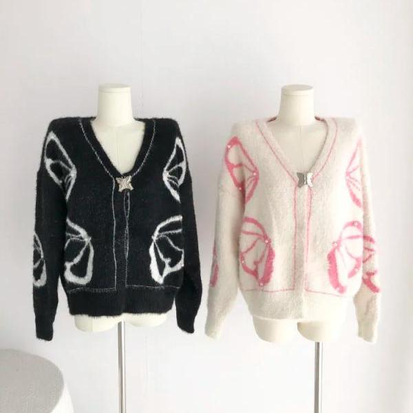 Cozy Butterfly Print V-neck Cardigan Sweater on Luulla