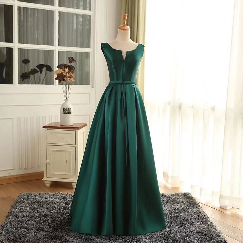 Green Party Dress Sleeveless Evening Dress Satin Long Prom Dress V Neck ...