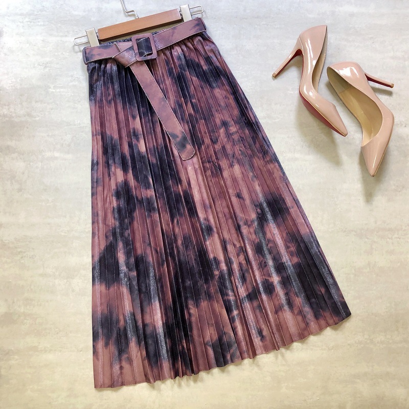 Hot Skirt, Tie-dyed Splashed Ink, Printed Belt, Long Pleated Skirt In ...
