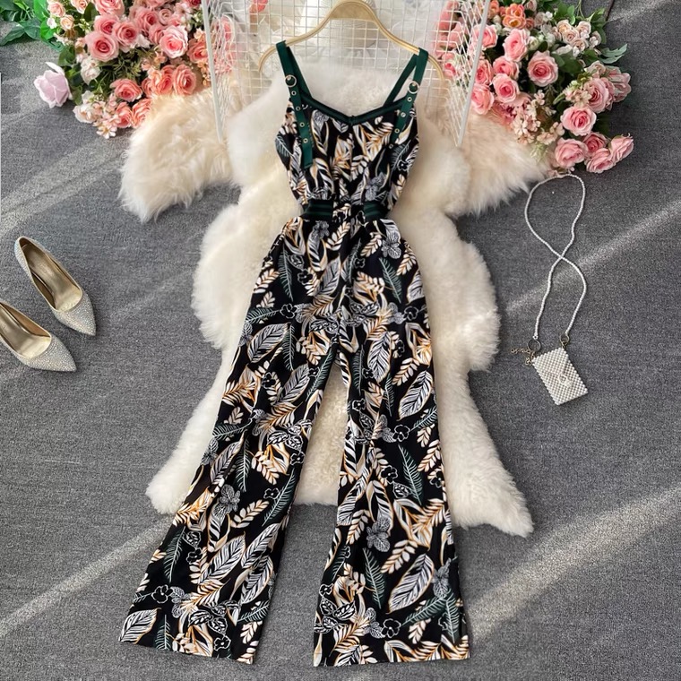 Chiffon, Straps Floral Wide-leg Jumpsuits, High-waist Overalls on Luulla