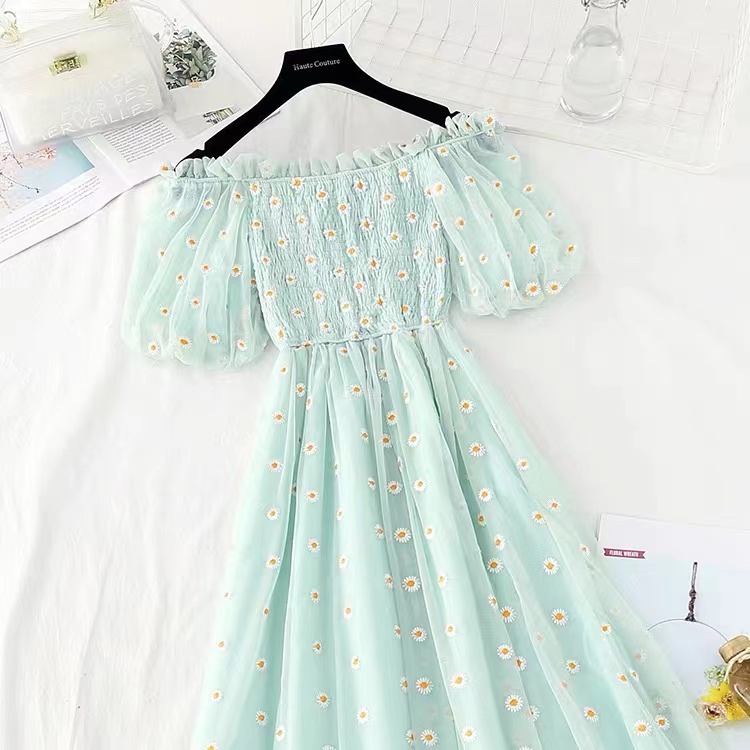 Daisy Embroidery Tulle Dress, Off Shoulder Temperament Cute Dress on Luulla