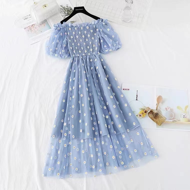 Daisy Embroidery Tulle Dress, Off Shoulder Temperament Cute Dress on Luulla