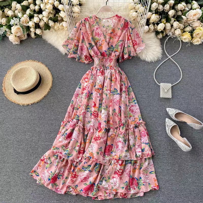V-neck Flounces Dress, High-waisted Dress, Floral Fairy Dress on Luulla