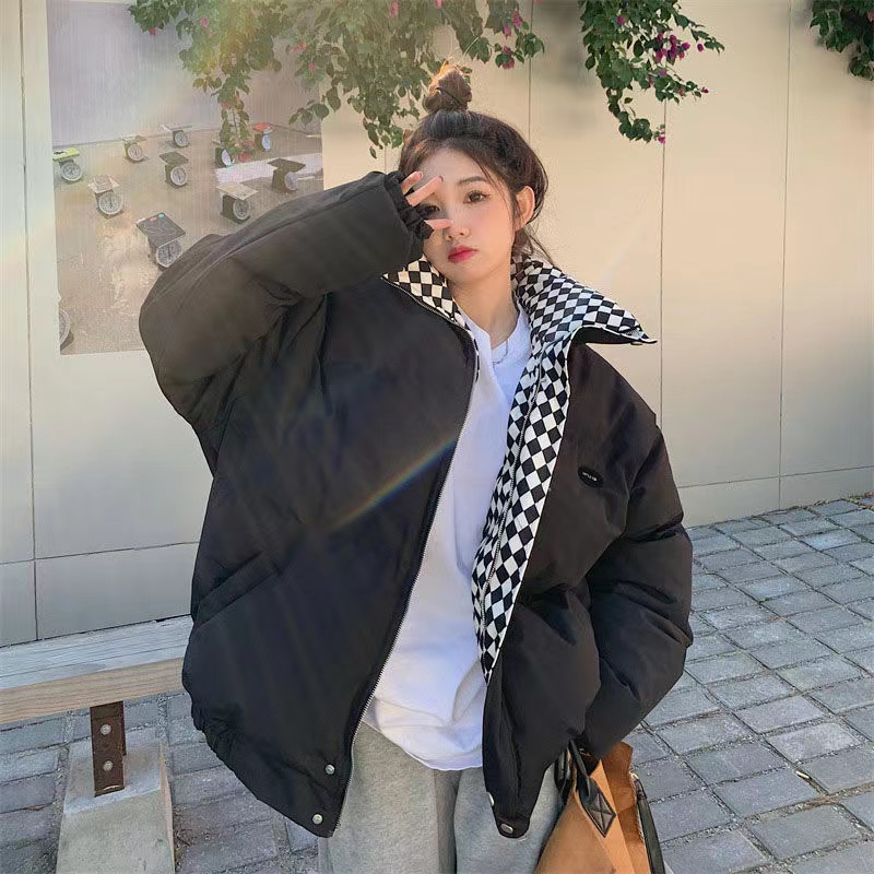 Thick Bread Coat, Checkerboard, Standing Collar Coat, Winter, New Style ...