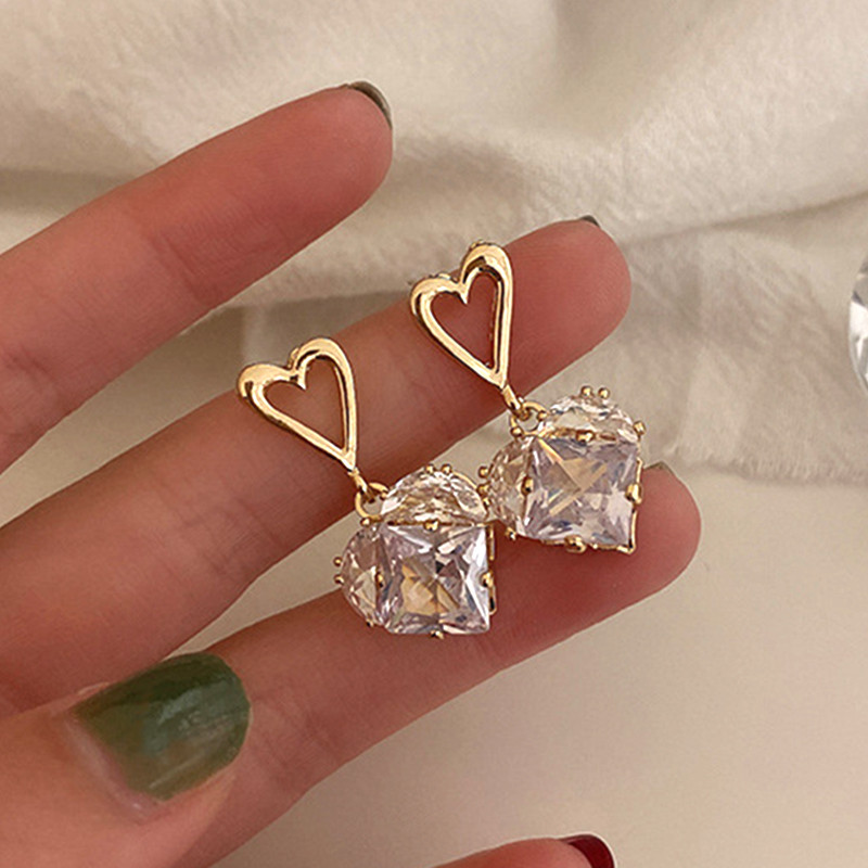 Heart Crystal Tiered Earrings in Gold