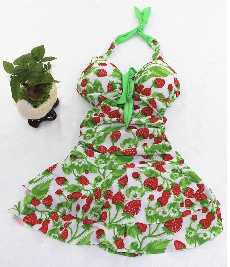 Women Strawberry Swim Dress, Vintage Strawberry Print Halter Swimsuit ...