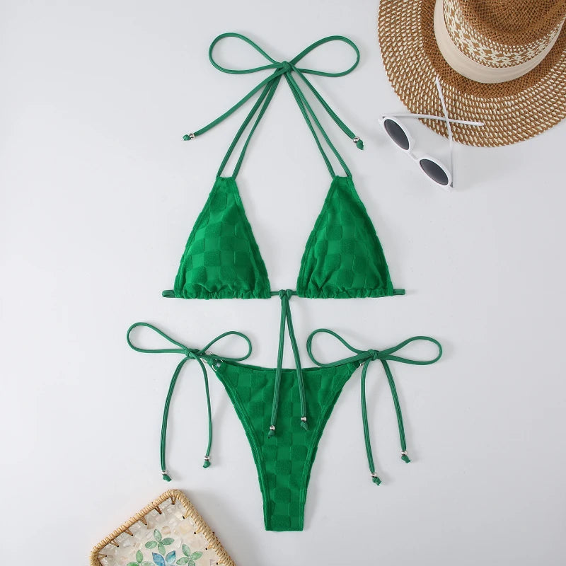 Green Knit Striped Textured Halter Triangle Bikini Set