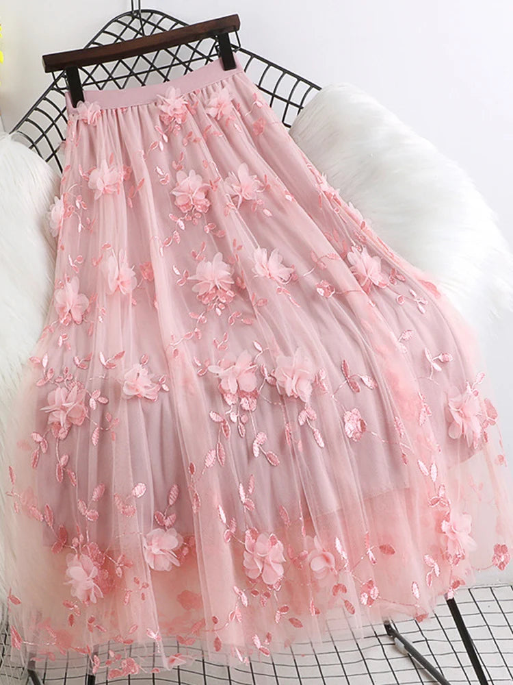 PINK/WHITE FLORAL TULLE ASYMMETRICAL FLARED SKIRT