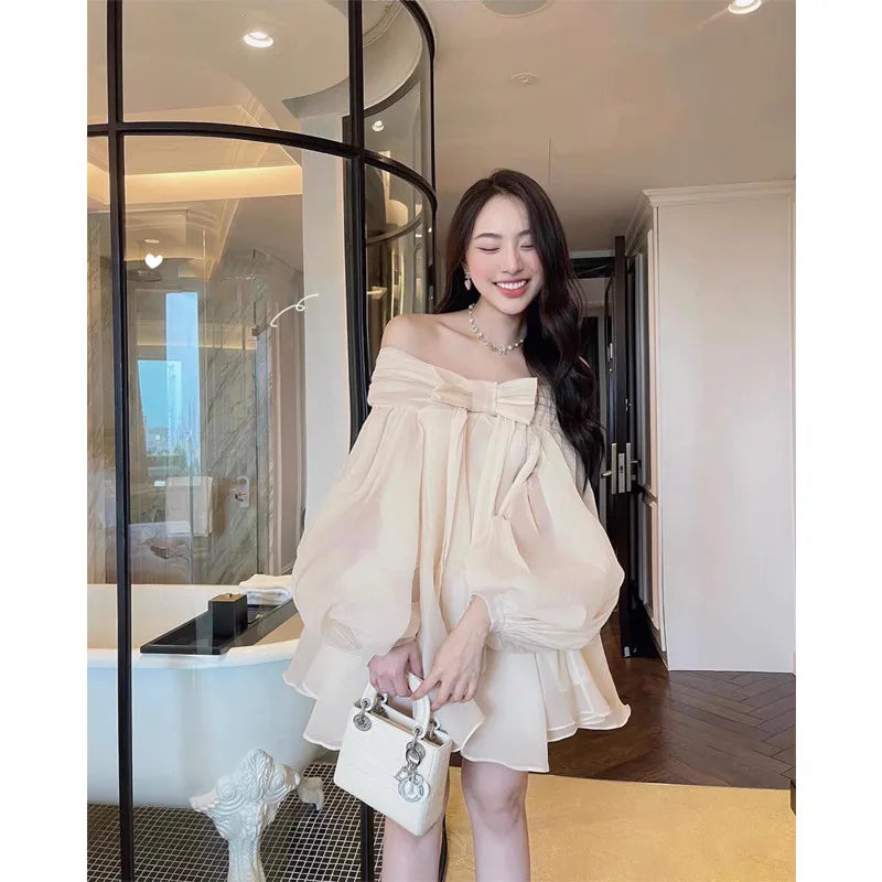 Elegant Off-shoulder Puffy Sleeve Mini Dress on Luulla