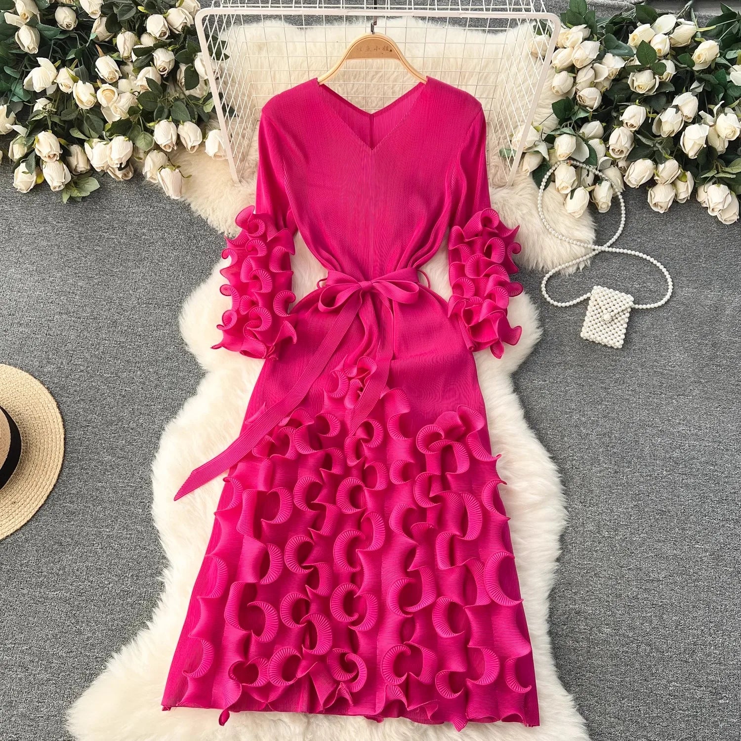 Elegant Pink Ruffle Midi Dress Womens Fashion on Luulla