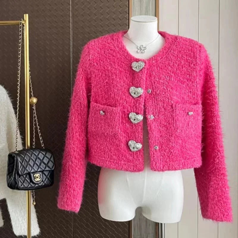 Cozy Pink Fluffy Cardigan With Heart Buttons on Luulla