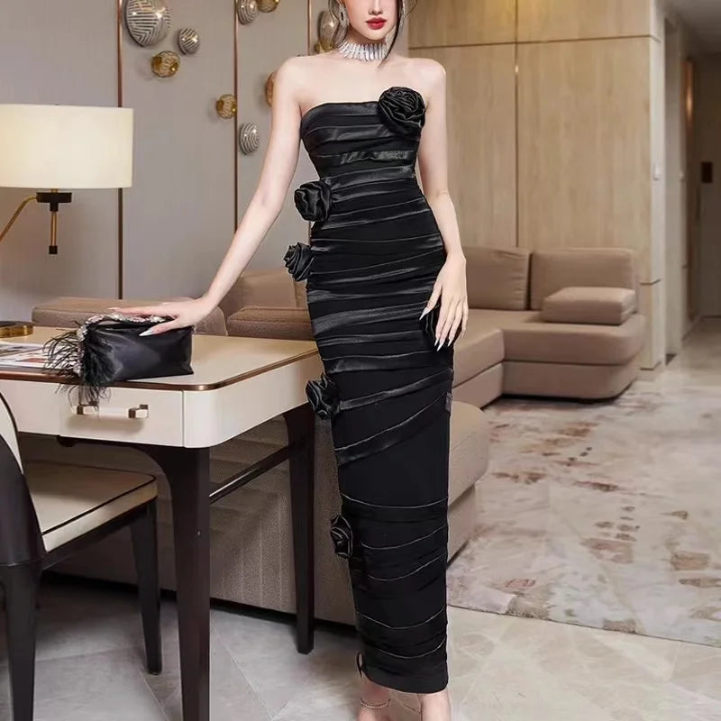 Elegant Strapless Black Evening Dress With Roses on Luulla