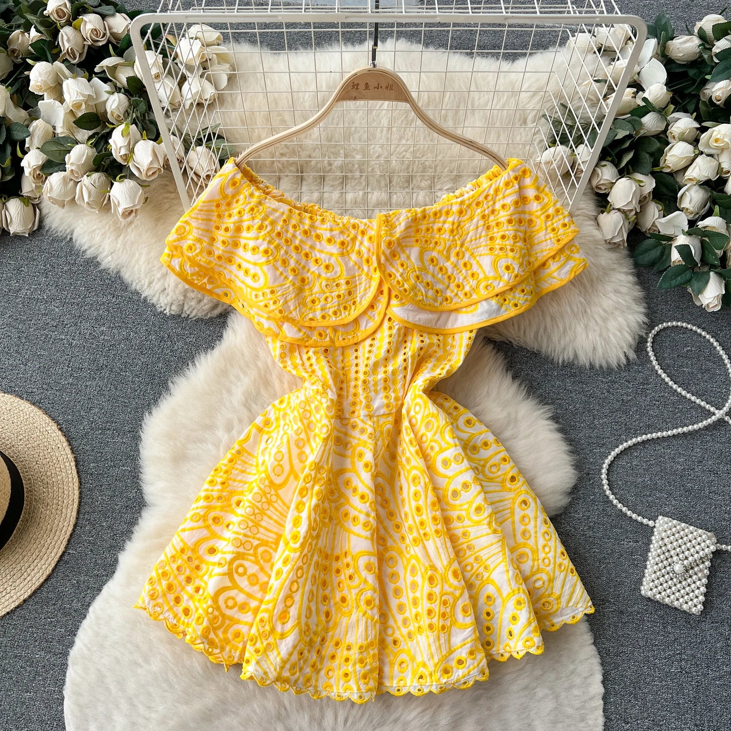 Summer Off-shoulder Yellow Floral Mini Dress on Luulla