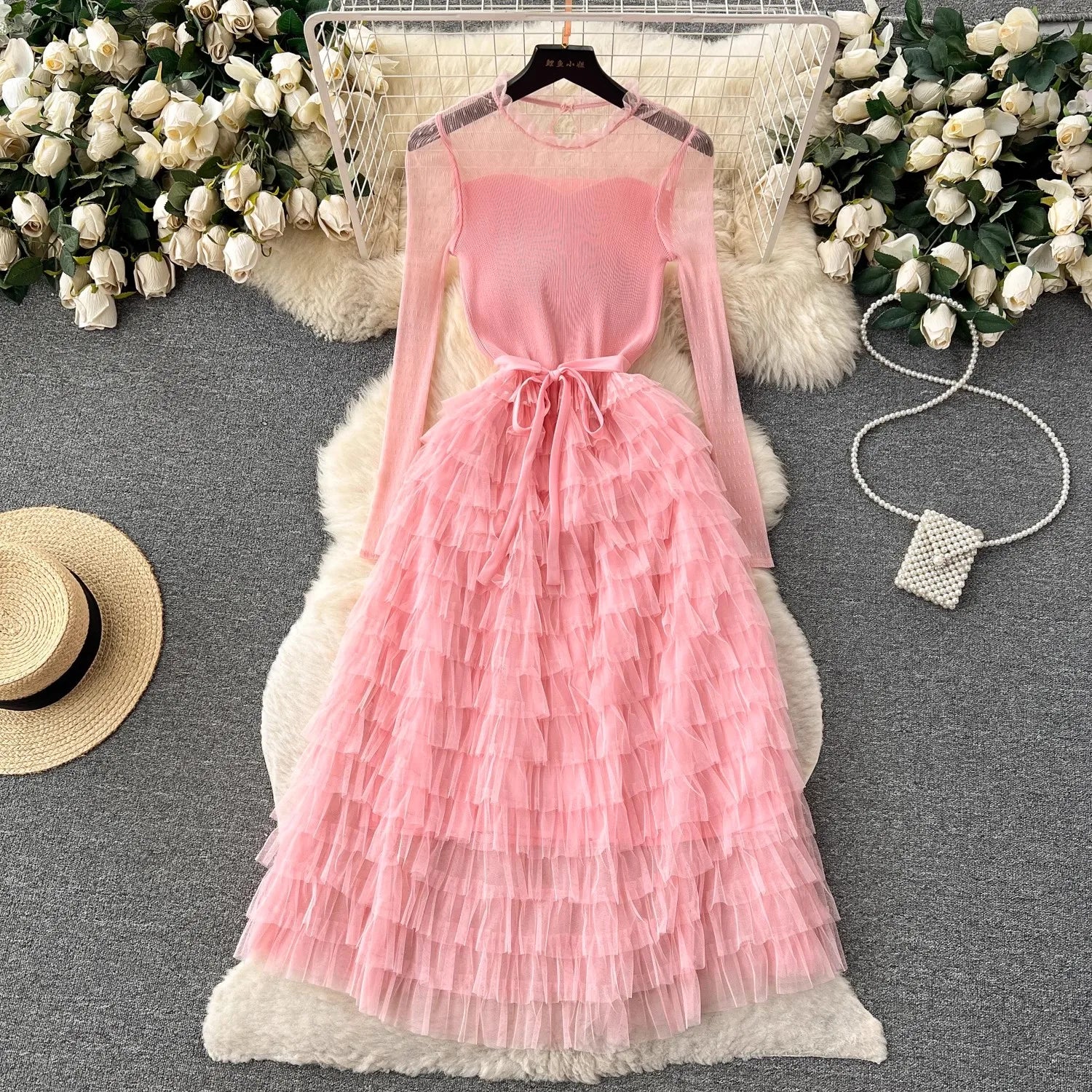 Elegant Pink Layered Tulle Party Dress on Luulla
