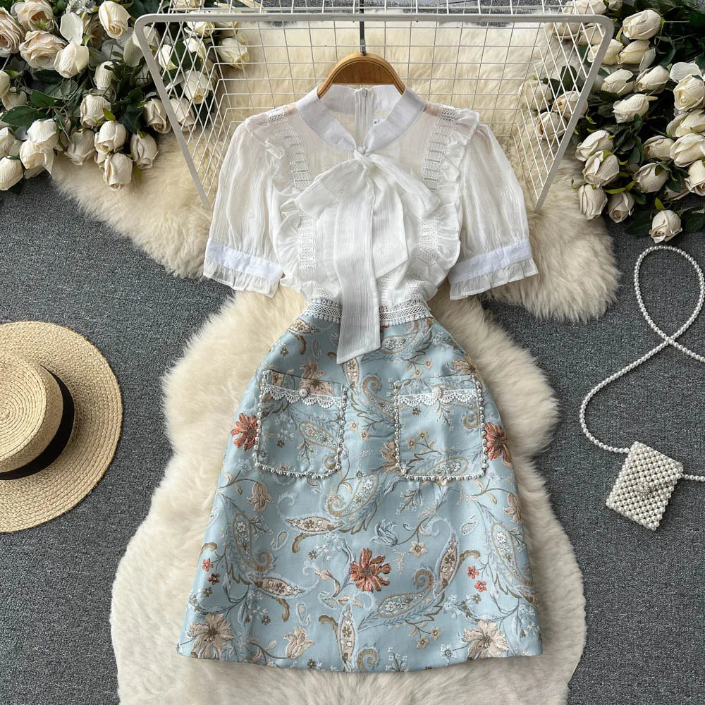 Floral Bow Long Sleeve Vintage Top Skirt Set