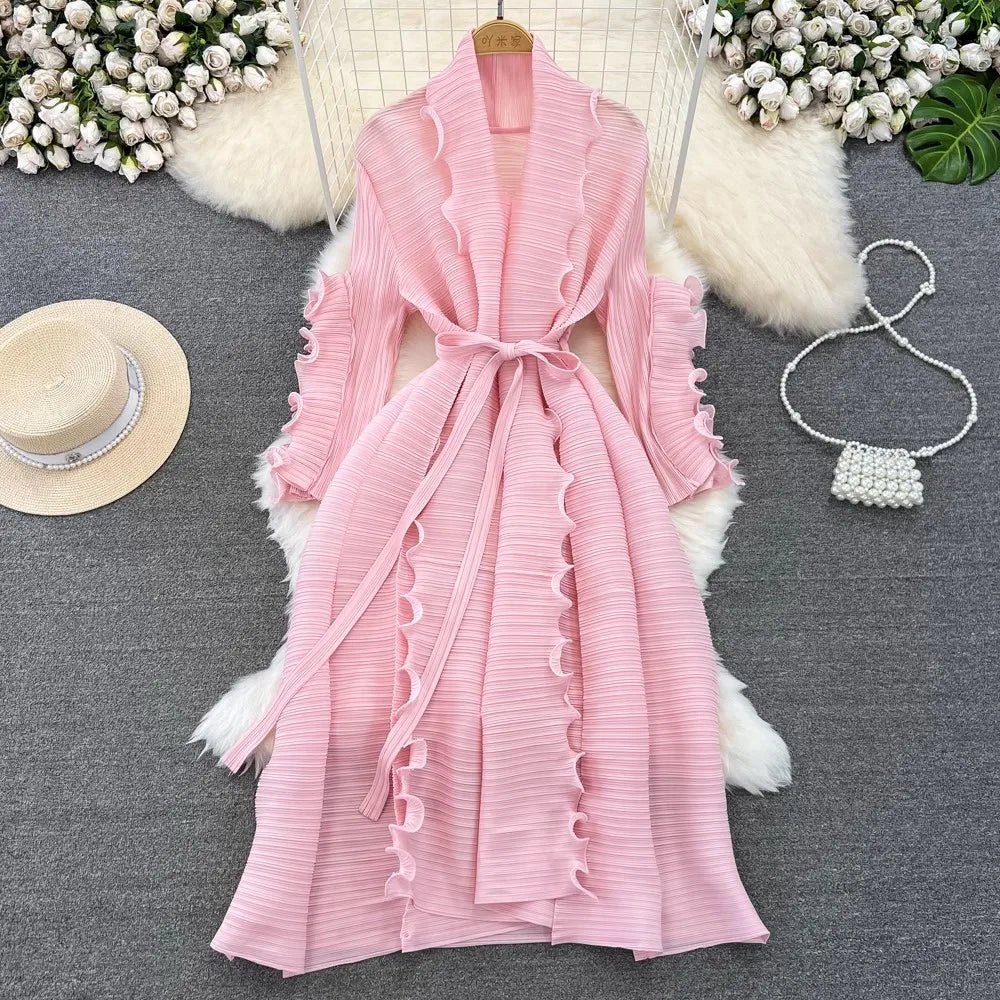 Elegant Pink Ruffled Long Sleeve Belted Kimono on Luulla