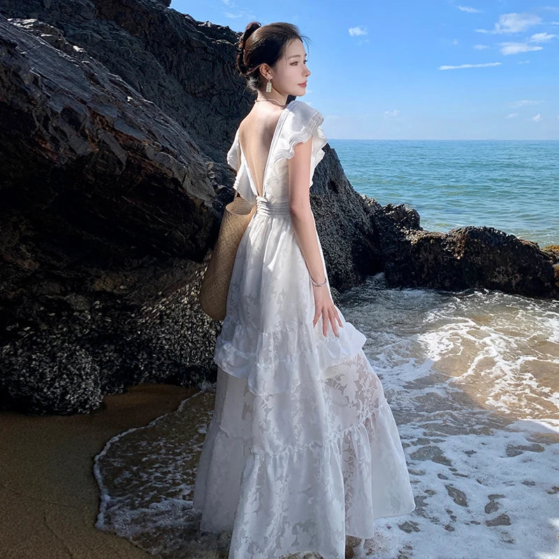 Cute A line Halter White Lace Tea Length Vacation Dress Women Beach Dresses