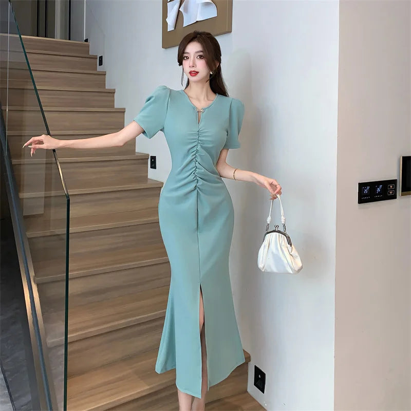Teal Ruched Puff Sleeve Midi Dress