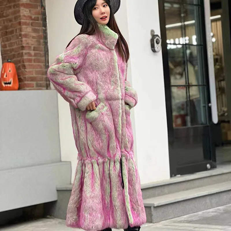 Casual Pink Faux Fur Long Coat